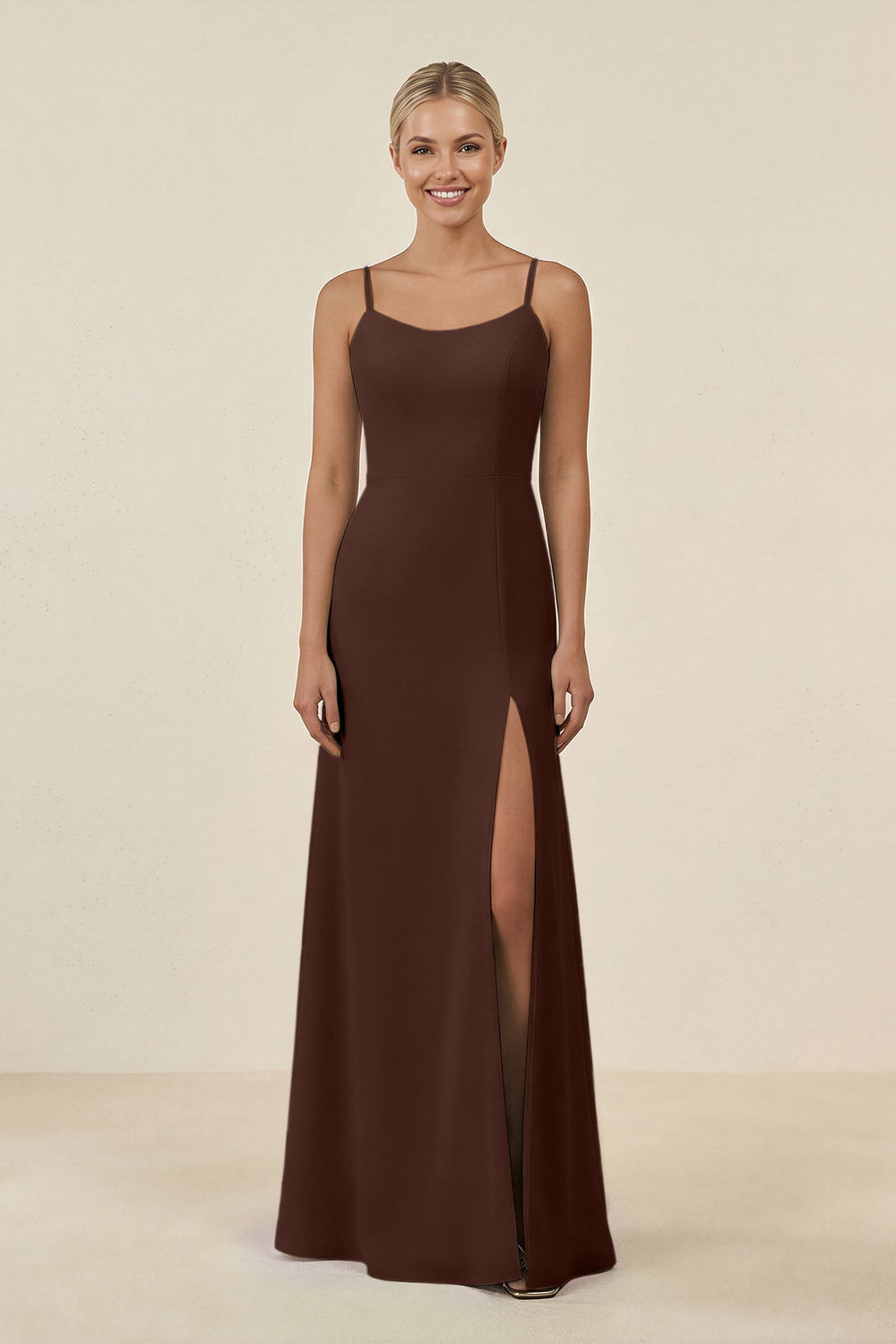 Cami Strap Chiffon Sheath Bridesmaid Gown in Espresso - KISS BRIDAL BRIDESMAID DRESSES