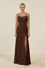 Cami Strap Chiffon Sheath Bridesmaid Gown in Espresso - KISS BRIDAL BRIDESMAID DRESSES