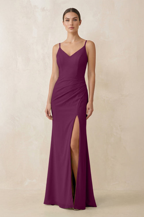 Cami Strap Chiffon Sheath Bridesmaid Gown in Fig - KISS BRIDAL Bridesmaid Dresses