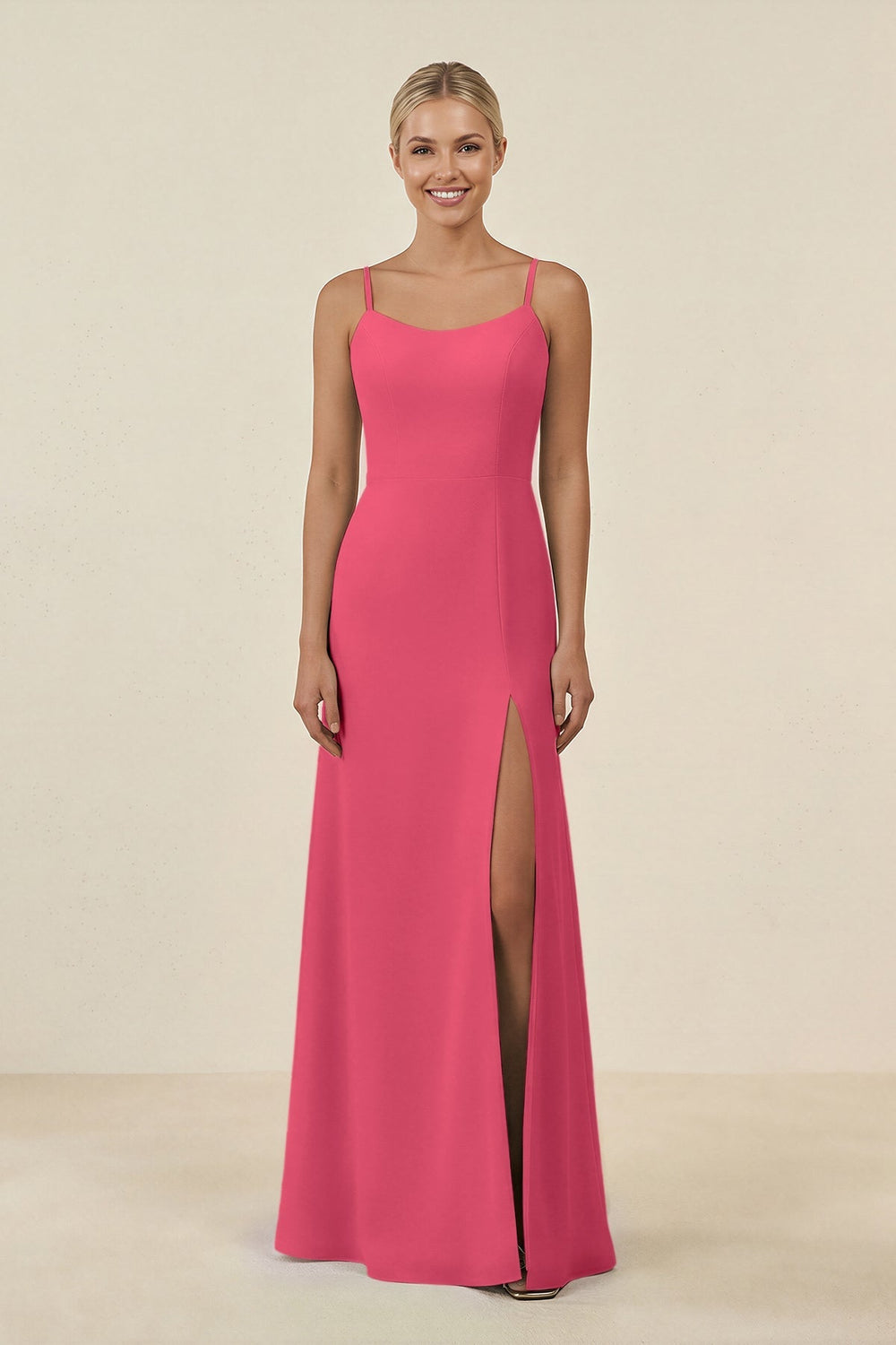 Cami Strap Chiffon Sheath Bridesmaid Gown in Fuchsia - KISS BRIDAL BRIDESMAID DRESSES