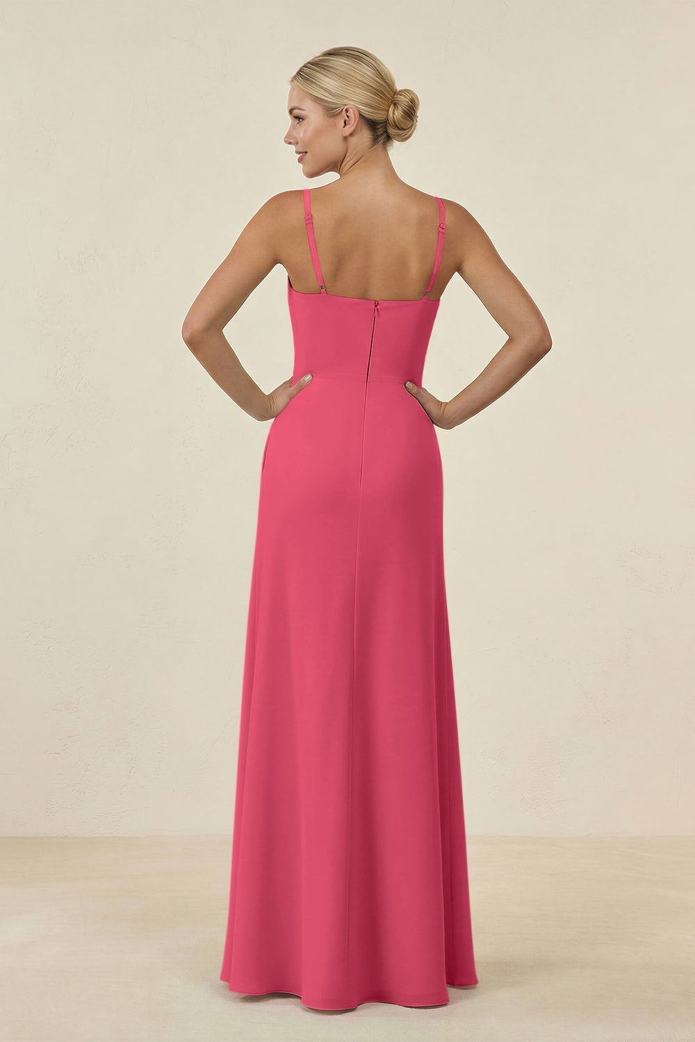 Cami Strap Chiffon Sheath Bridesmaid Gown in Fuchsia - KISS BRIDAL BRIDESMAID DRESSES