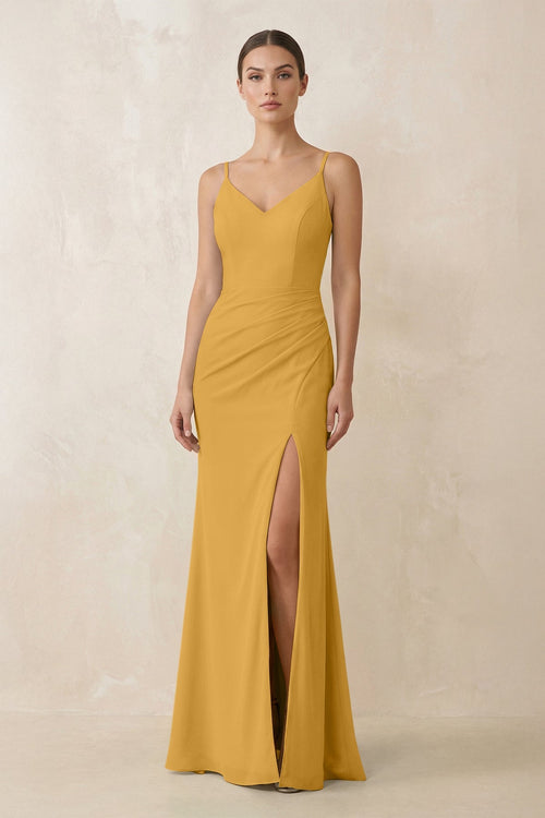 Cami Strap Chiffon Sheath Bridesmaid Gown in Marigold - KISS BRIDAL Bridesmaid Dresses