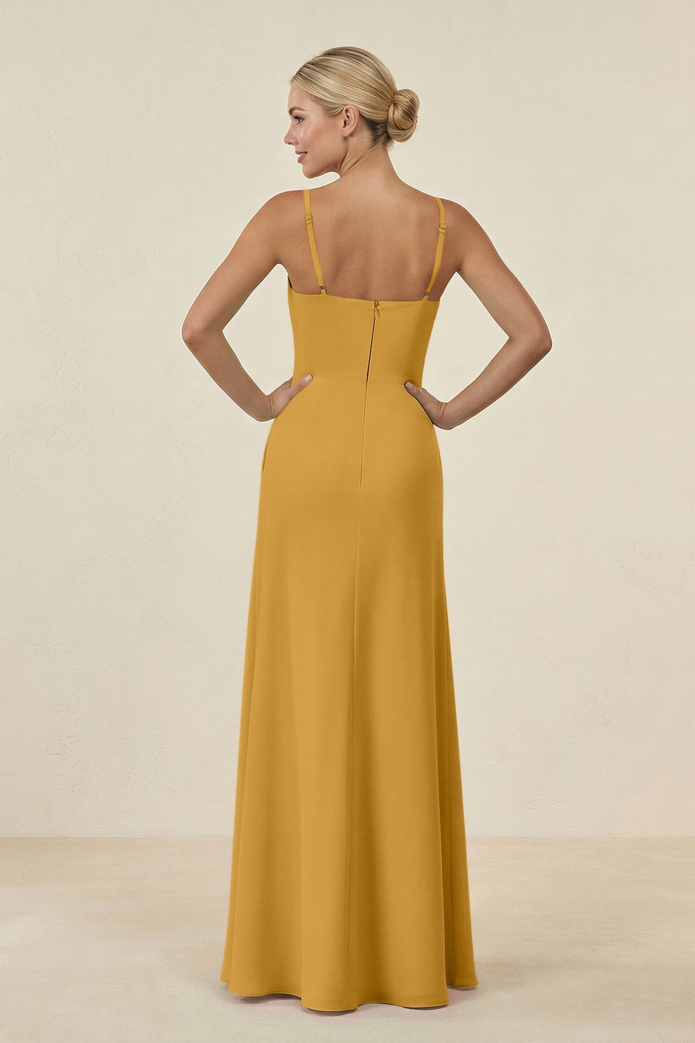 Cami Strap Chiffon Sheath Bridesmaid Gown in Marigold - KISS BRIDAL BRIDESMAID DRESSES