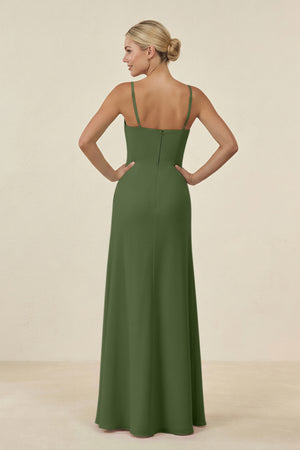 Cami Strap Chiffon Sheath Bridesmaid Gown in Moss (2) | KISSBRIDAL