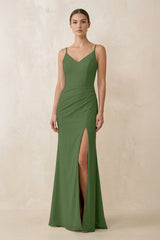 Cami Strap Chiffon Sheath Bridesmaid Gown in Moss - KISS BRIDAL Bridesmaid Dresses