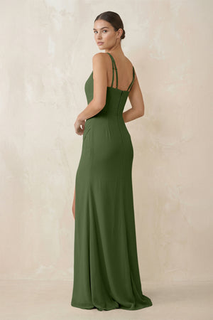 Cami Strap Chiffon Sheath Bridesmaid Gown in Moss (2) | KISSBRIDAL