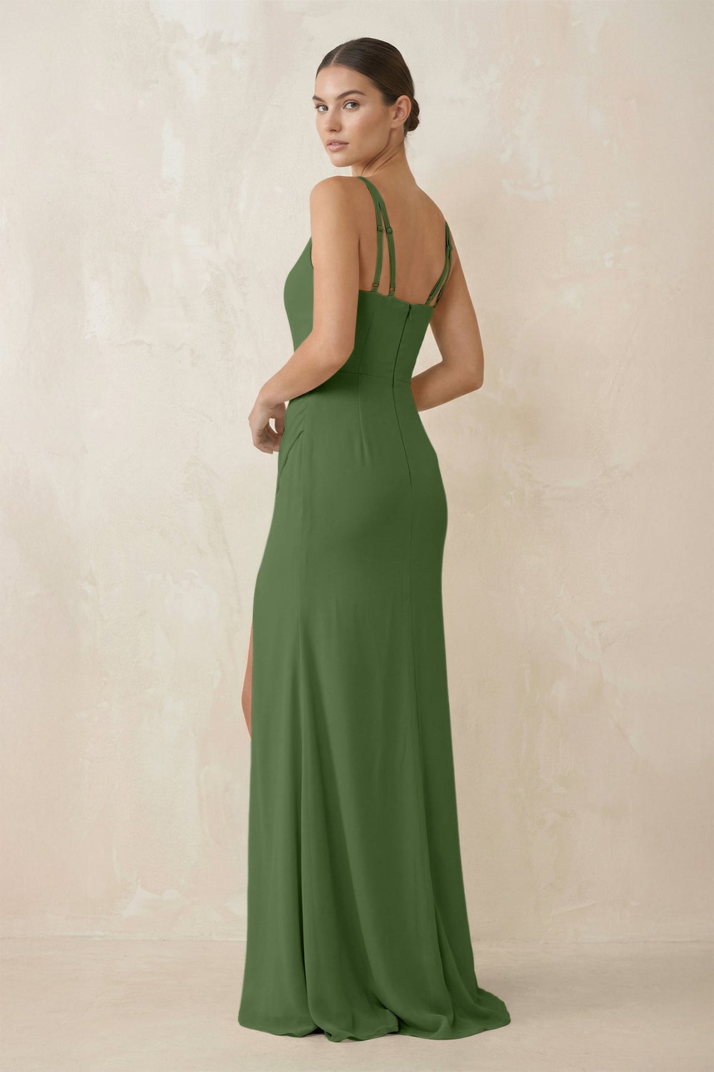 Cami Strap Chiffon Sheath Bridesmaid Gown in Moss - SHE IS ME Bridesmaid Dresses