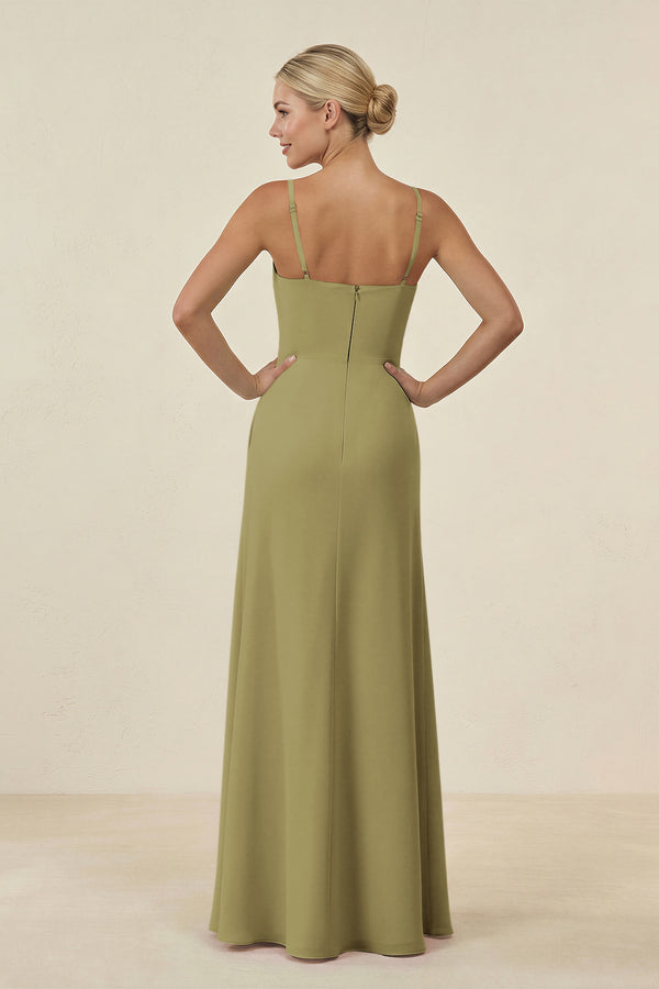 Cami Strap Chiffon Sheath Bridesmaid Gown in Moss Green (2) | KISSBRIDAL