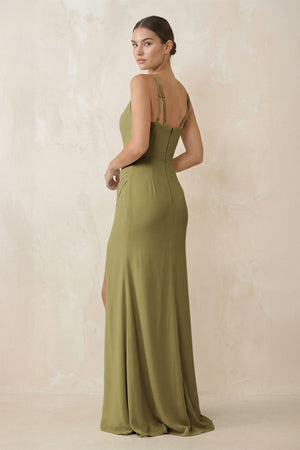 Cami Strap Chiffon Sheath Bridesmaid Gown in Moss Green (2) | KISSBRIDAL
