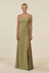Cami Strap Chiffon Sheath Bridesmaid Gown in Moss Green | KISSBRIDAL