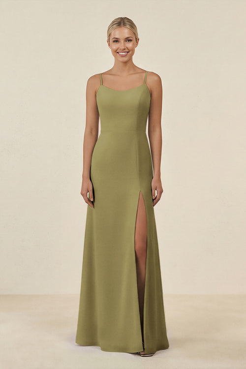 Cami Strap Chiffon Sheath Bridesmaid Gown in Moss Green | KISSBRIDAL