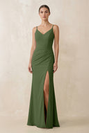 Cami Strap Chiffon Sheath Bridesmaid Gown in Moss | KISSBRIDAL