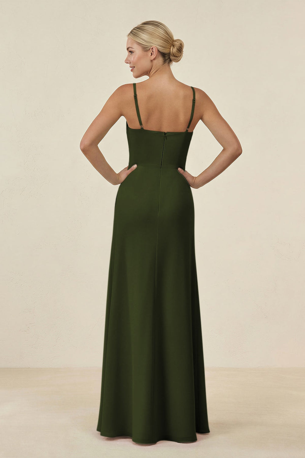 Cami Strap Chiffon Sheath Bridesmaid Gown in Olive - KISS BRIDAL BRIDESMAID DRESSES