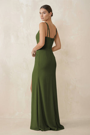 Cami Strap Chiffon Sheath Bridesmaid Gown in Olive - SHE IS ME Bridesmaid Dresses