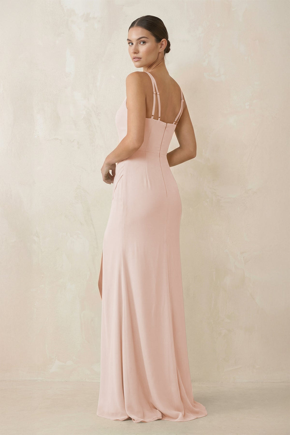 Cami Strap Chiffon Sheath Bridesmaid Gown in Pale Blush - SHE IS ME Bridesmaid Dresses