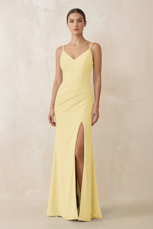 Cami Strap Chiffon Sheath Bridesmaid Gown in Pastel Yellow - KISS BRIDAL Bridesmaid Dresses