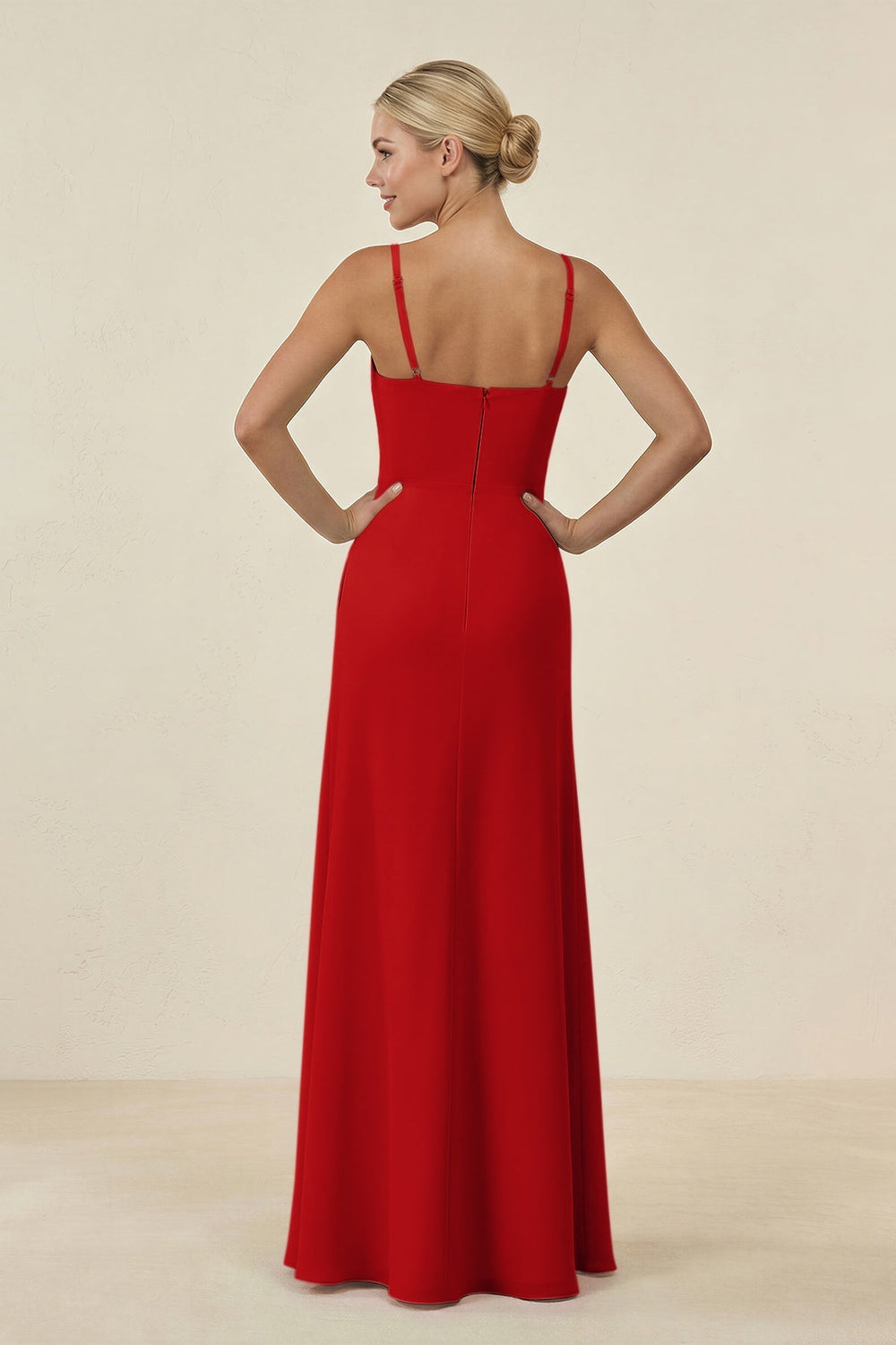 Cami Strap Chiffon Sheath Bridesmaid Gown in Ruby Red - KISS BRIDAL BRIDESMAID DRESSES