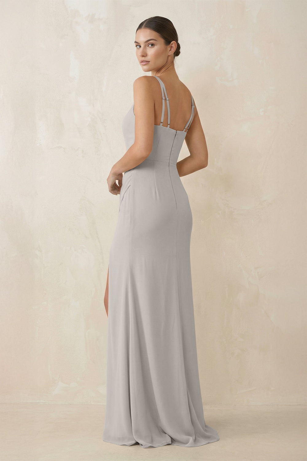 Cami Strap Chiffon Sheath Bridesmaid Gown in Silver - SHE IS ME Bridesmaid Dresses