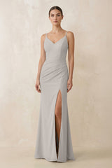 Cami Strap Chiffon Sheath Bridesmaid Gown in Silver - KISS BRIDAL Bridesmaid Dresses