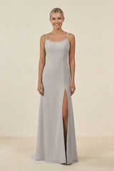 Cami Strap Chiffon Sheath Bridesmaid Gown in Silver - KISS BRIDAL BRIDESMAID DRESSES