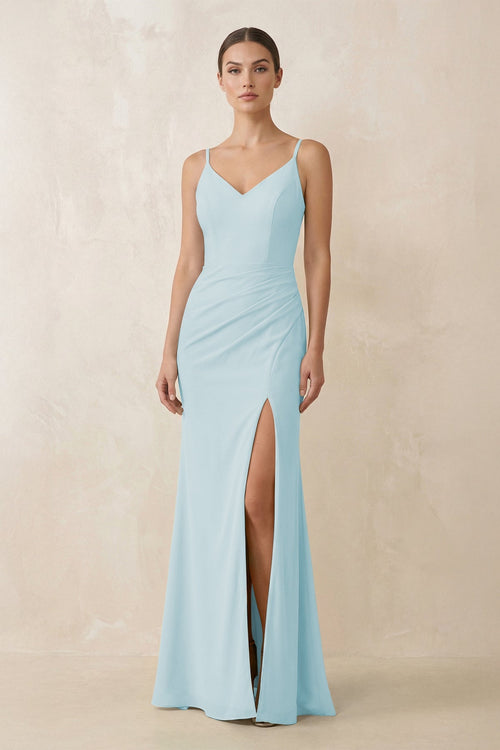 Cami Strap Chiffon Sheath Bridesmaid Gown in Sky Blue - KISS BRIDAL Bridesmaid Dresses