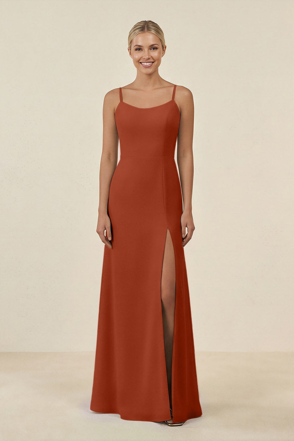 Cami Strap Chiffon Sheath Bridesmaid Gown in Spice - KISS BRIDAL BRIDESMAID DRESSES