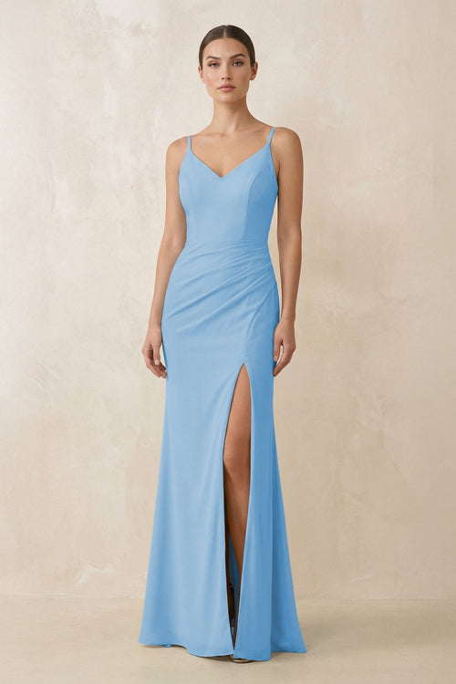 Cami Strap Chiffon Sheath Bridesmaid Gown in Steel Blue - KISS BRIDAL Bridesmaid Dresses