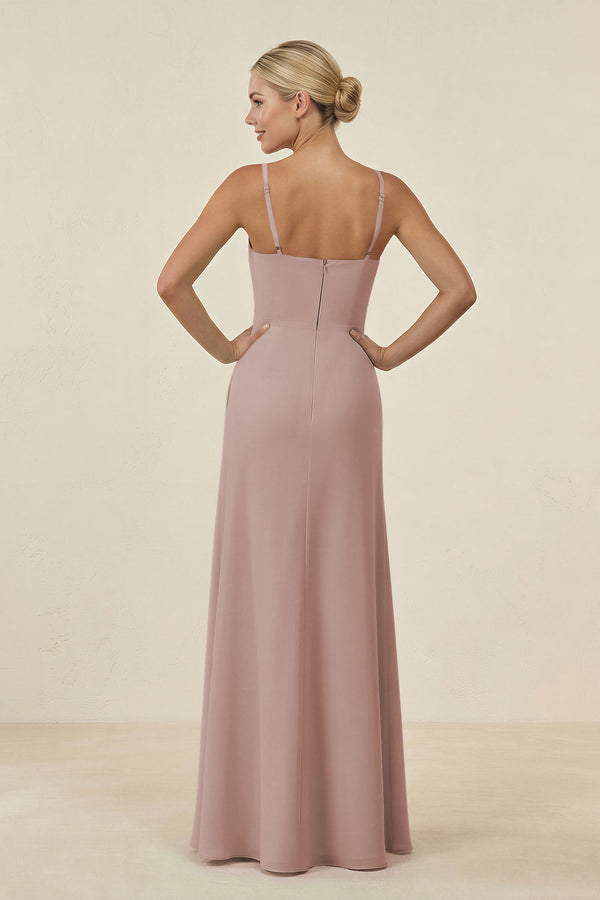 Cami Strap Chiffon Sheath Bridesmaid Gown in Toffee (2) | KISSBRIDAL