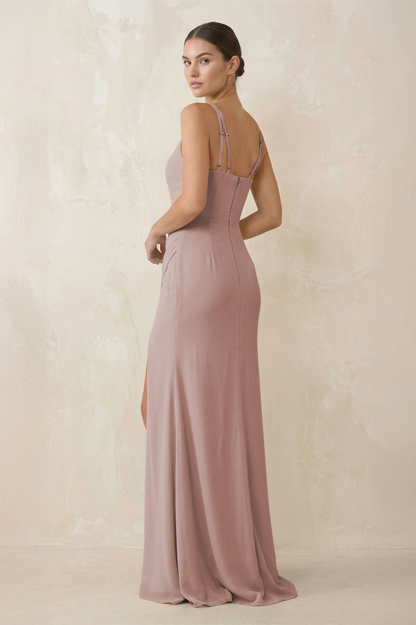 Cami Strap Chiffon Sheath Bridesmaid Gown in Toffee (2) | KISSBRIDAL