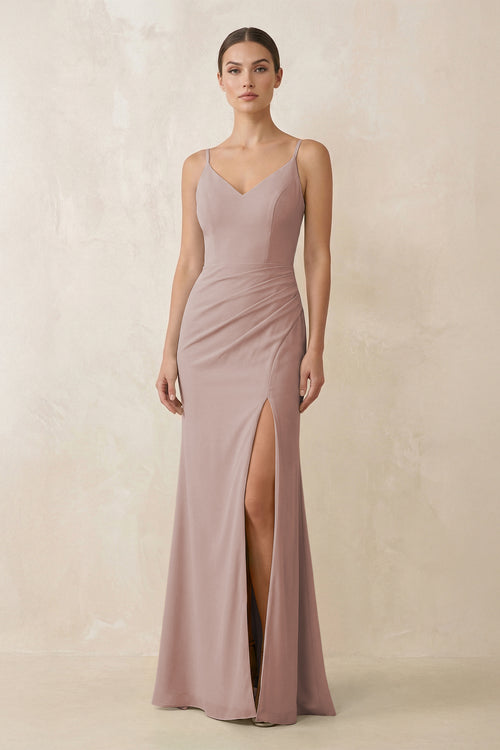 Cami Strap Chiffon Sheath Bridesmaid Gown in Toffee | KISSBRIDAL