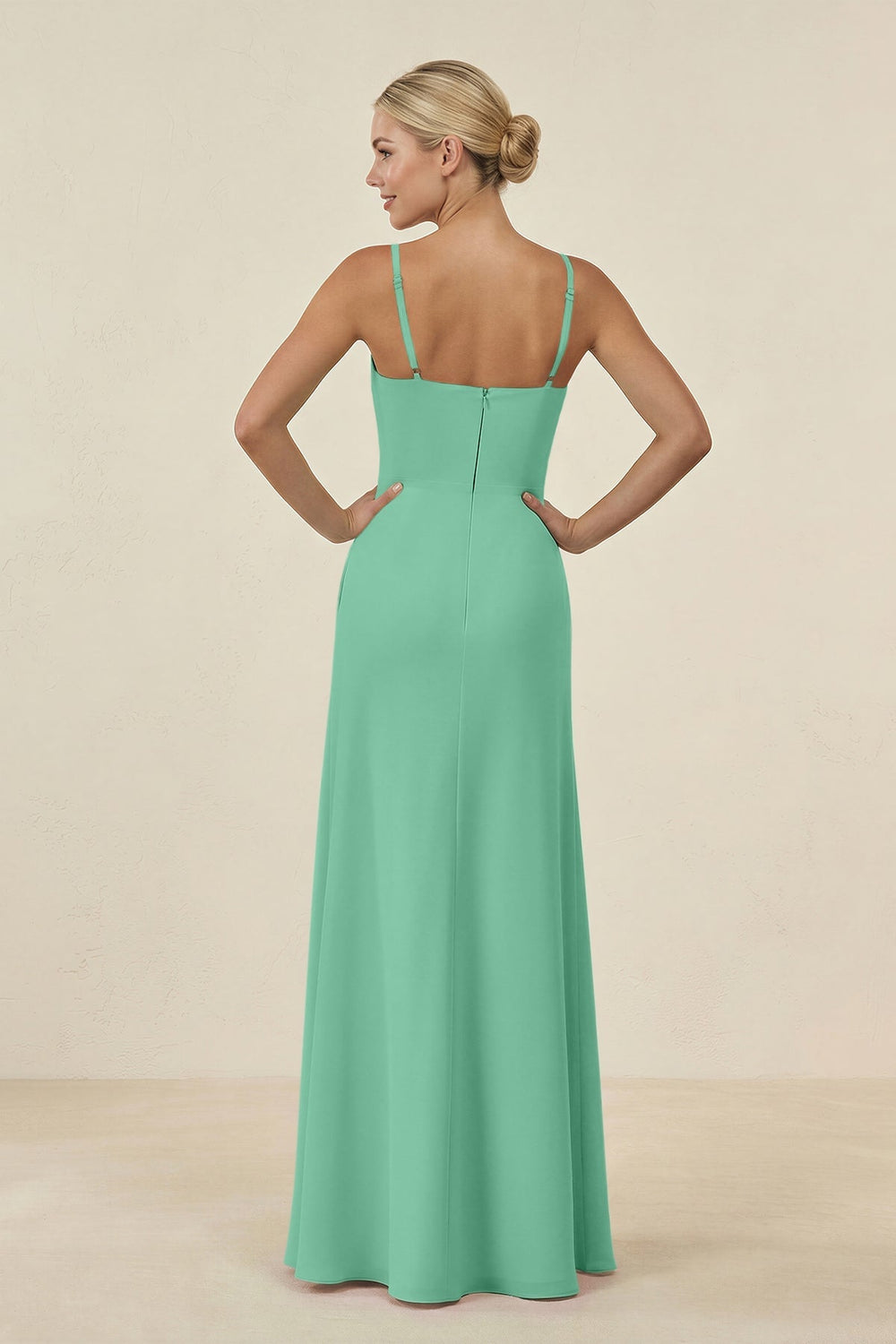 Cami Strap Chiffon Sheath Bridesmaid Gown in Turquoise - KISS BRIDAL BRIDESMAID DRESSES