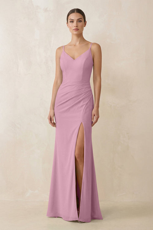 Cami Strap Chiffon Sheath Bridesmaid Gown in Vintage Mauve - KISS BRIDAL Bridesmaid Dresses