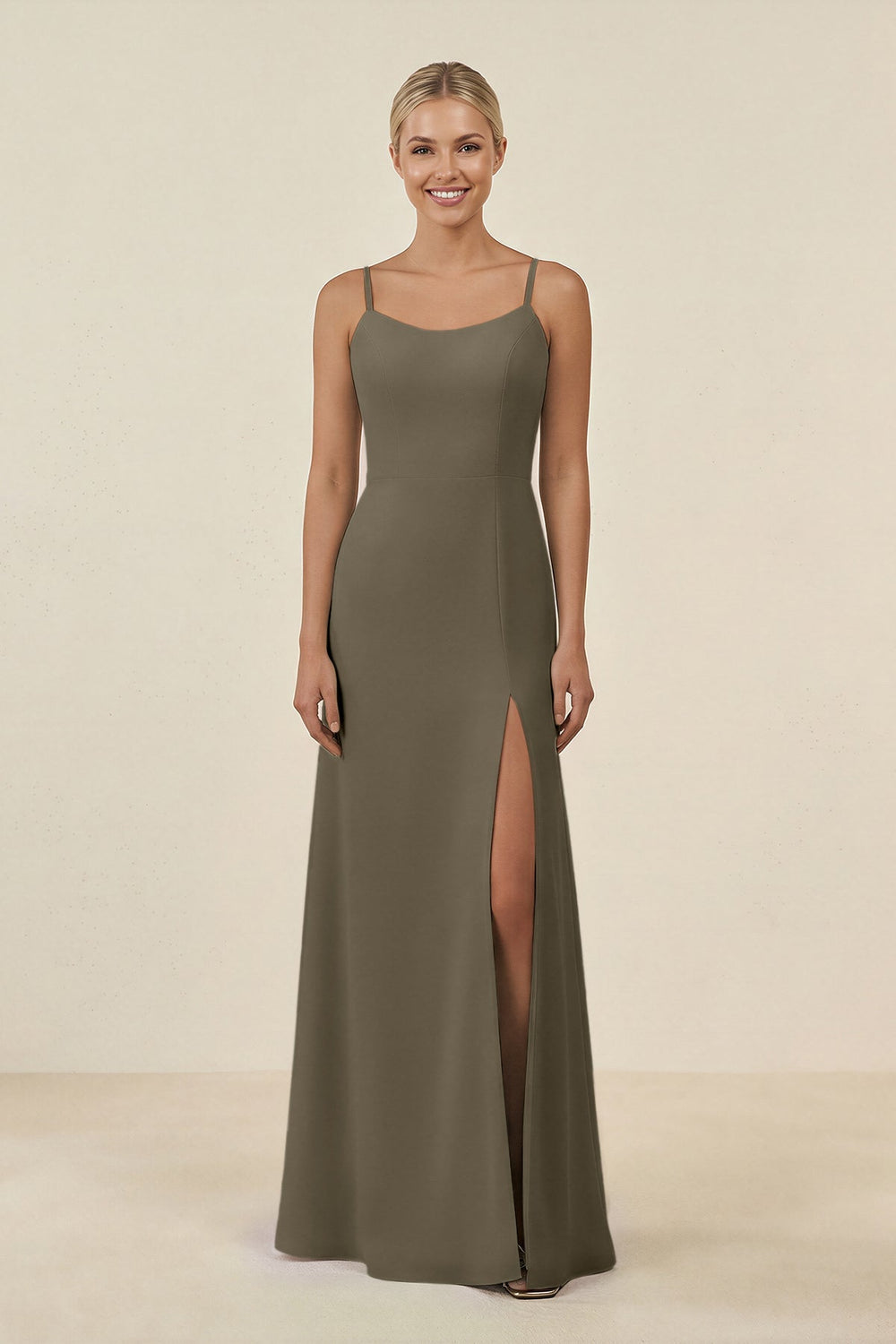 Cami Strap Chiffon Sheath Bridesmaid Gown in Willow Green - KISS BRIDAL BRIDESMAID DRESSES