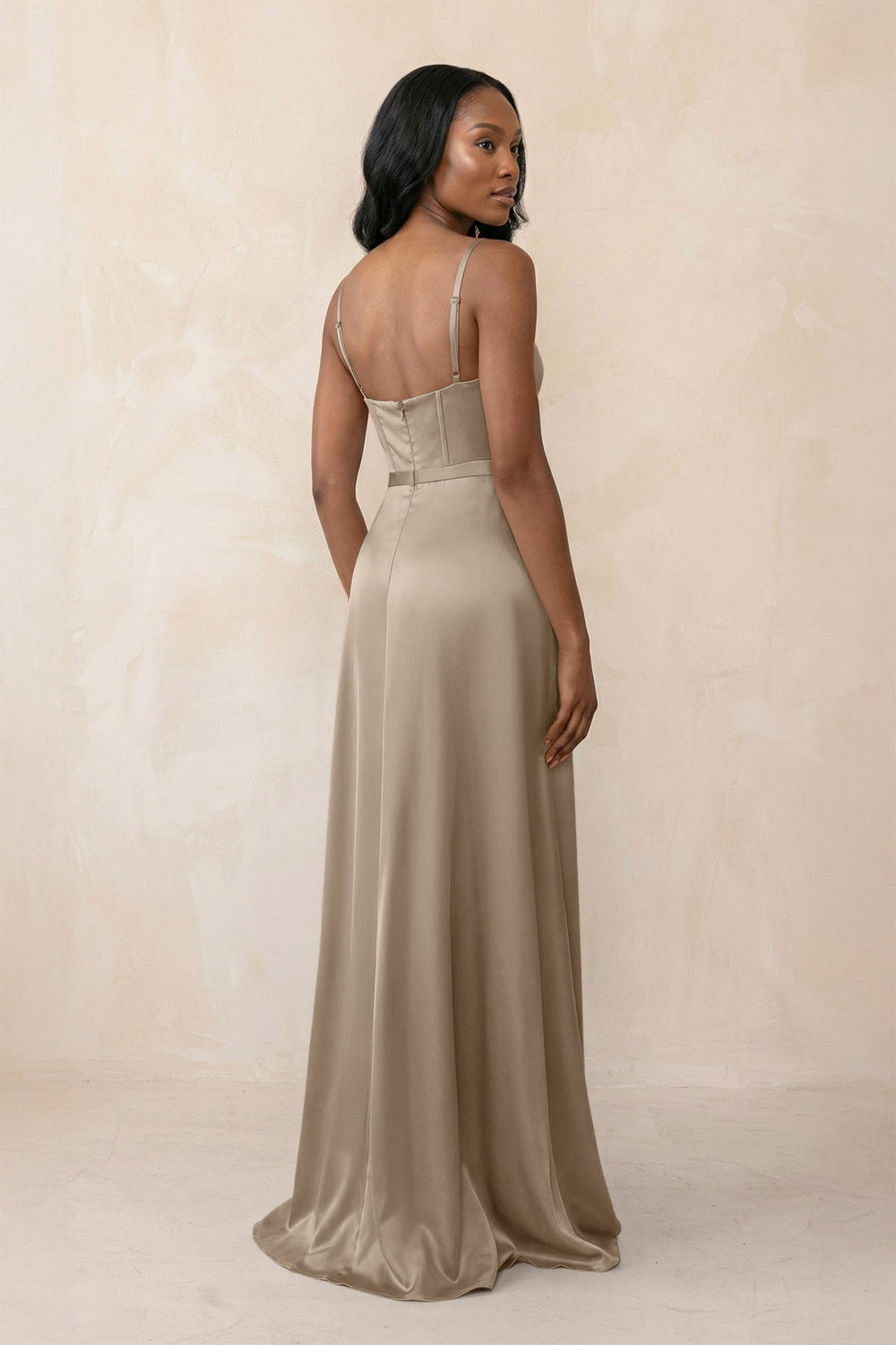 Cami Strap Corset Satin Sheath Bridesmaid Dress in Almond - KISS BRIDAL Bridesmaid Dresses