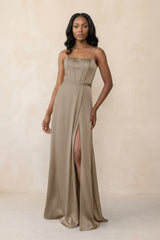 Cami Strap Corset Satin Sheath Bridesmaid Dress in Almond - KISS BRIDAL Bridesmaid Dresses