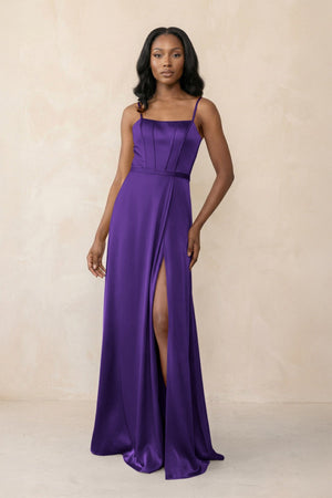 Cami Strap Corset Satin Sheath Bridesmaid Dress in Amethyst - KISS BRIDAL Bridesmaid Dresses