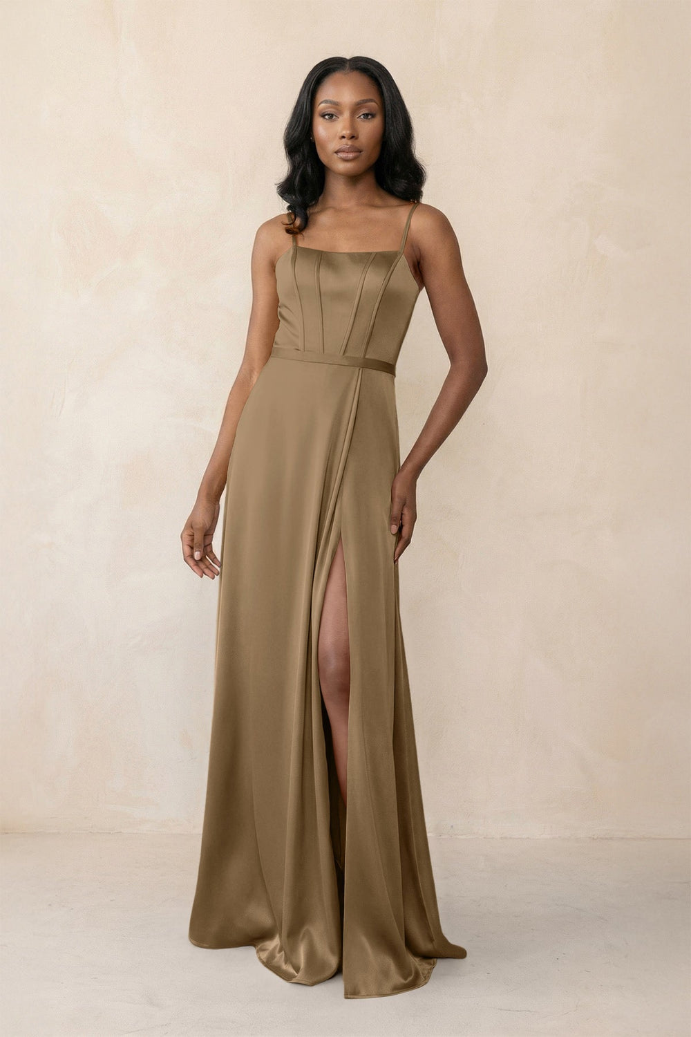 Cami Strap Corset Satin Sheath Bridesmaid Dress in Apple Cinnamon - KISS BRIDAL Bridesmaid Dresses