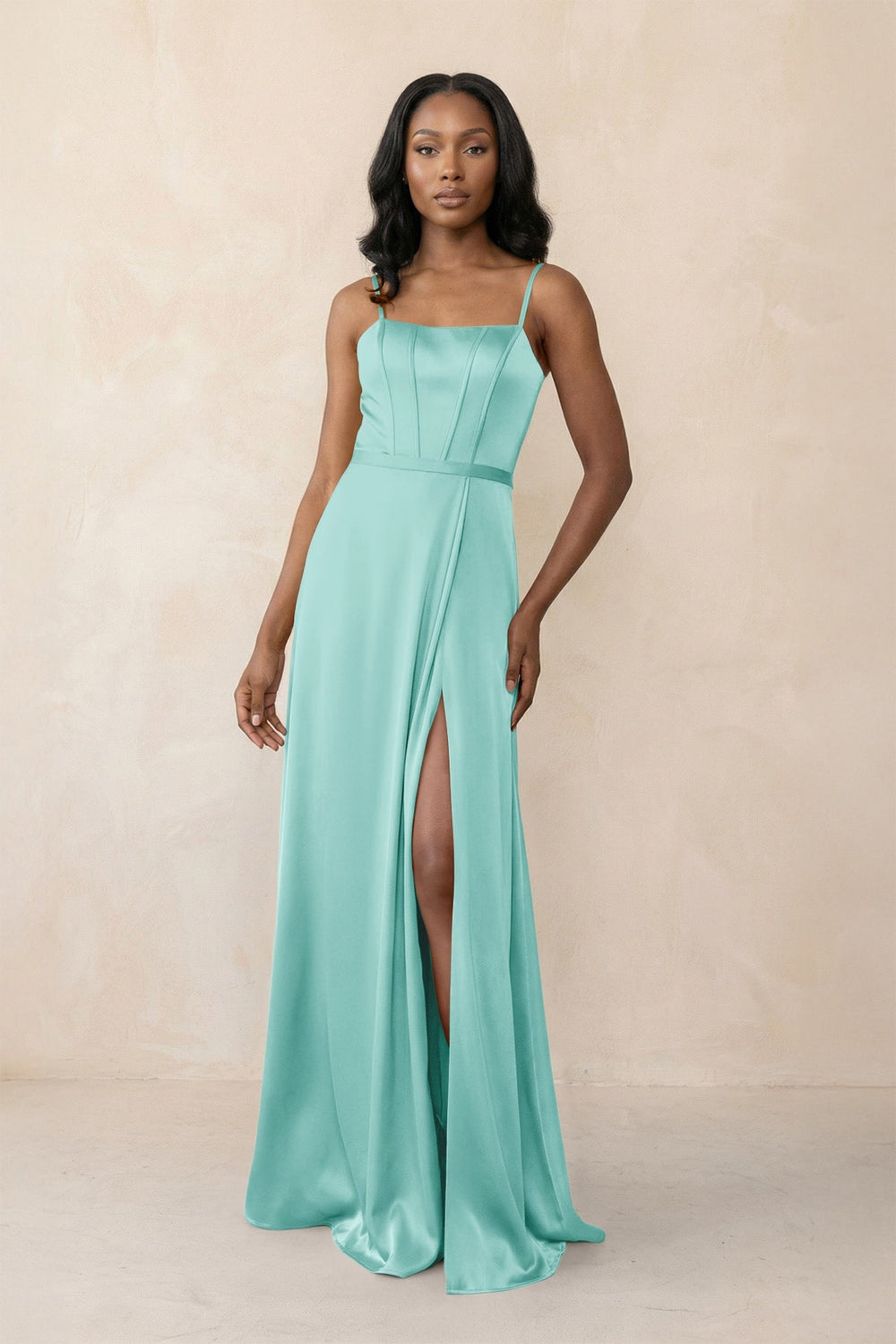 Cami Strap Corset Satin Sheath Bridesmaid Dress in Aqua - KISS BRIDAL Bridesmaid Dresses