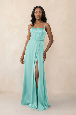 Cami Strap Corset Satin Sheath Bridesmaid Dress in Aqua - KISS BRIDAL Bridesmaid Dresses