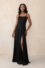 Cami Strap Corset Satin Sheath Bridesmaid Dress in Black - KISS BRIDAL Bridesmaid Dresses