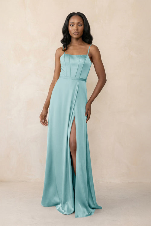 Cami Strap Corset Satin Sheath Bridesmaid Dress in Bleached Aqua - KISS BRIDAL Bridesmaid Dresses