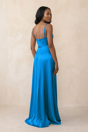 Cami Strap Corset Satin Sheath Bridesmaid Dress in Blue Jay - KISS BRIDAL Bridesmaid Dresses