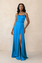 Cami Strap Corset Satin Sheath Bridesmaid Dress in Blue Jay - KISS BRIDAL Bridesmaid Dresses