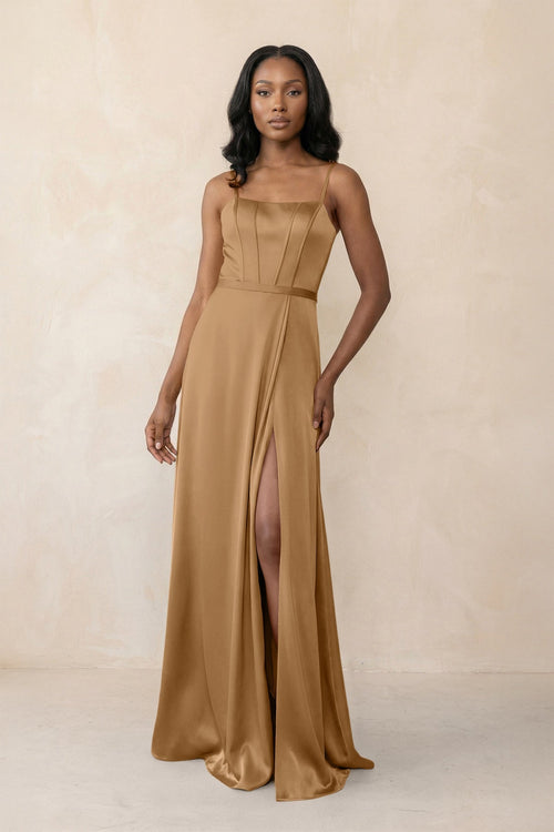 Cami Strap Corset Satin Sheath Bridesmaid Dress in Bronzer - KISS BRIDAL Bridesmaid Dresses