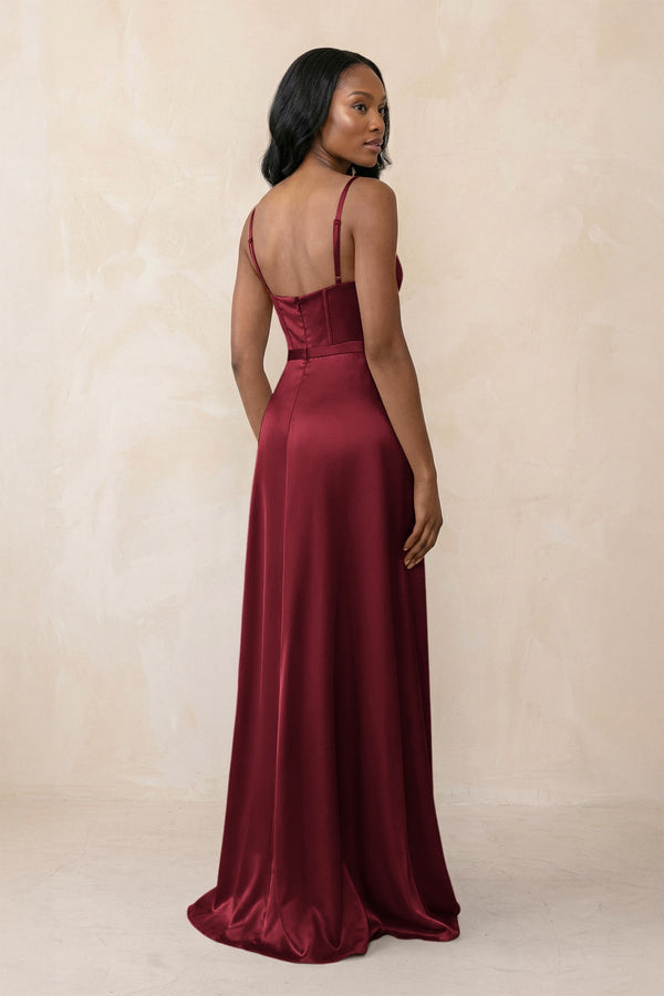 Cami Strap Corset Satin Sheath Bridesmaid Dress in Burgundy - KISS BRIDAL Bridesmaid Dresses