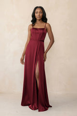 Cami Strap Corset Satin Sheath Bridesmaid Dress in Burgundy - KISS BRIDAL Bridesmaid Dresses