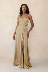 Cami Strap Corset Satin Sheath Bridesmaid Dress in Champagne - KISS BRIDAL Bridesmaid Dresses