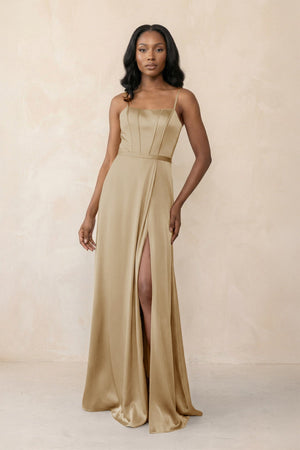 Cami Strap Corset Satin Sheath Bridesmaid Dress in Champagne - KISS BRIDAL Bridesmaid Dresses