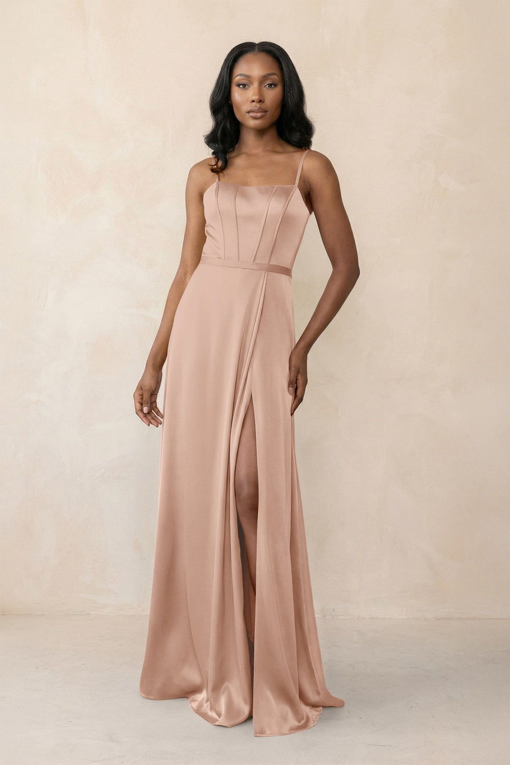 Cami Strap Corset Satin Sheath Bridesmaid Dress in Champagne Rose - KISS BRIDAL Bridesmaid Dresses