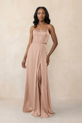 Cami Strap Corset Satin Sheath Bridesmaid Dress in Champagne Rose - KISS BRIDAL Bridesmaid Dresses